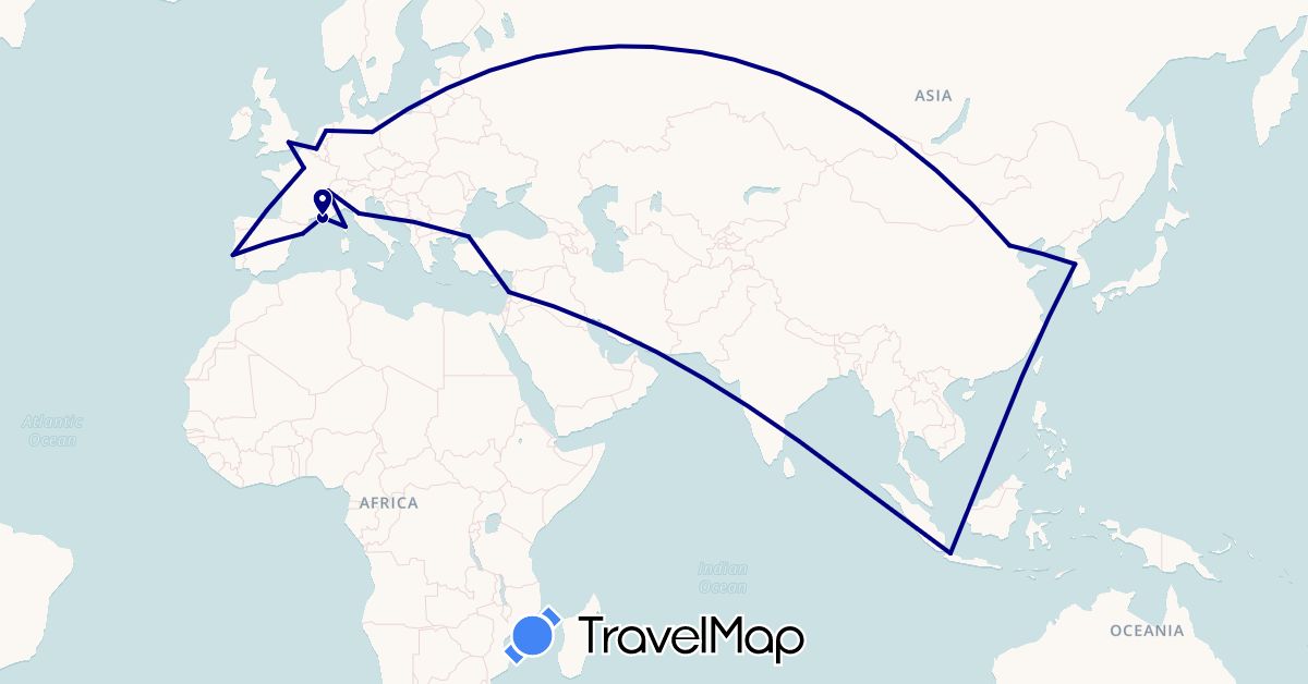 TravelMap itinerary: driving in Belgium, Switzerland, China, Germany, Spain, France, United Kingdom, Indonesia, Italy, South Korea, Lebanon, Netherlands, Portugal, Turkey (Asia, Europe)
